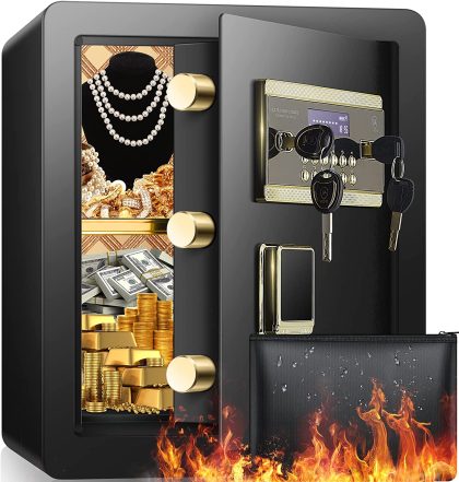 2.2 Cub Safe Box Fireproof Waterproof, Large Fireproof Safe with Fireproof Waterproof Bag, Digital Keypad Key, Inner Cabinet Box, LED Light, Home Safe Fireproof Waterproof for Money Jewelry Document